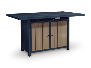 Bay Furniture Gallery - Ashley Furniture - East Beach Outdoor - RECT Bar Table w/Fire Pit / Navy Blue/Driftwood - PCP587-665
