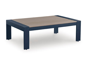 Bay Furniture Gallery - Ashley Furniture - East Beach Outdoor - Rectangular Cocktail Table / Navy Blue/Driftwood - PCP587-701