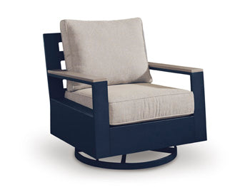 Bay Furniture Gallery - Ashley Furniture - East Beach Outdoor - Swivel Glider Chair w/Cushion / Navy Blue/Driftwood - PCP587-821