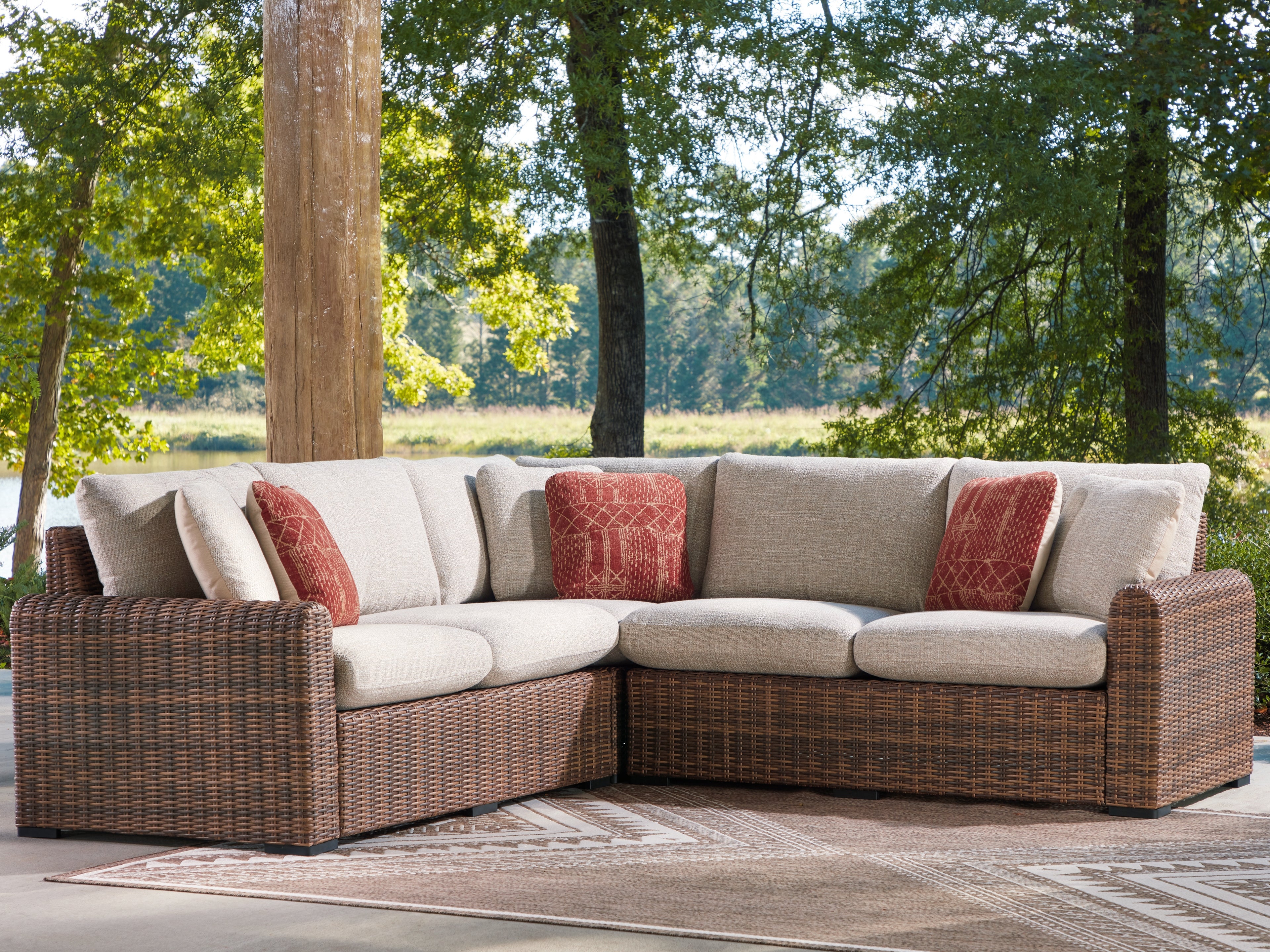 Bay Furniture Gallery - Ashley Furniture - Dolan Creek Outdoor - 3-Piece Outdoor Sectional / Beige/Brown - PCP610P1