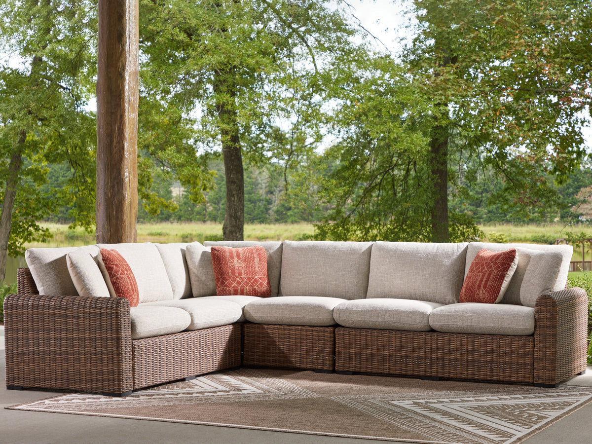 Bay Furniture Gallery - Ashley Furniture - Dolan Creek Outdoor - 4-Piece Outdoor Sectional / Beige/Brown - PCP610P2