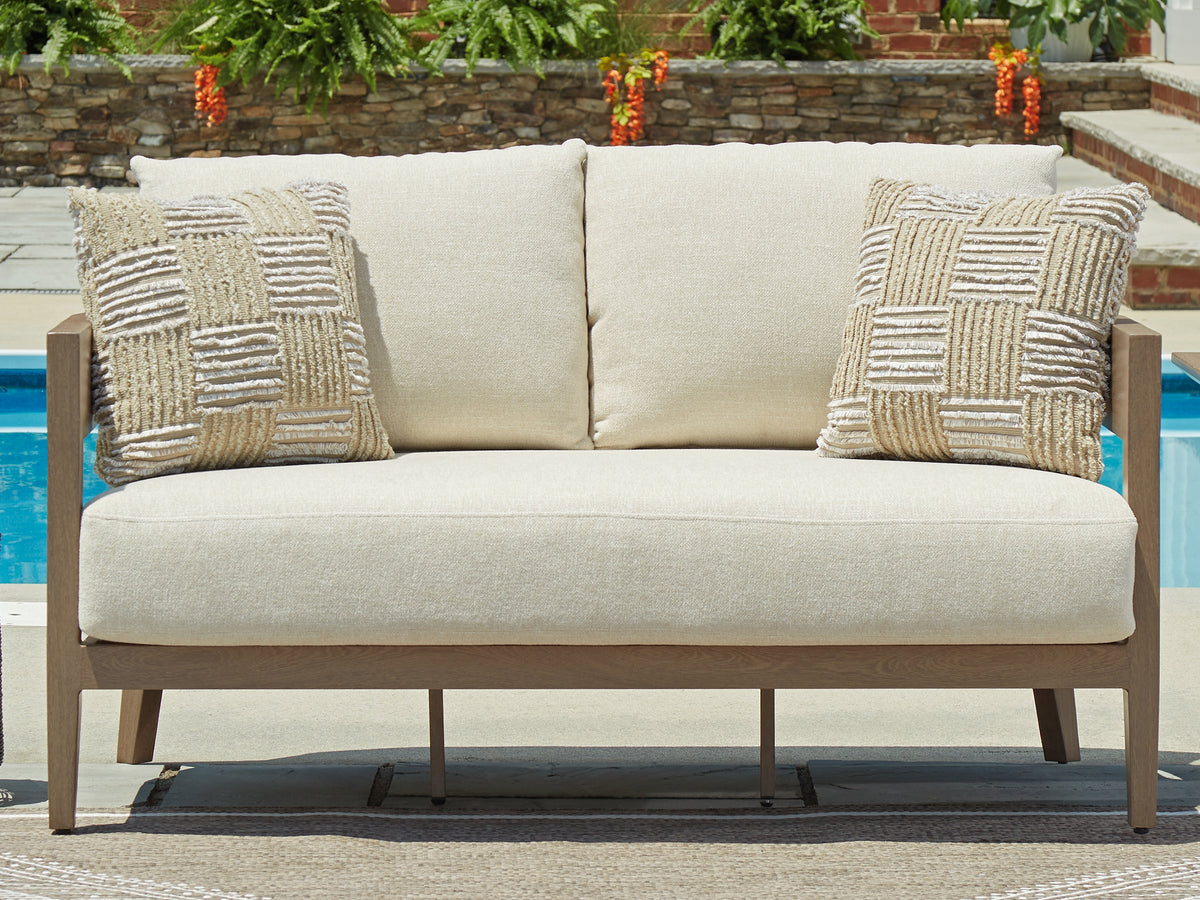 Bay Furniture Gallery - Ashley Furniture - Serene Bay Outdoor - Loveseat w/Cushion / Dark Brown/White - P671-835