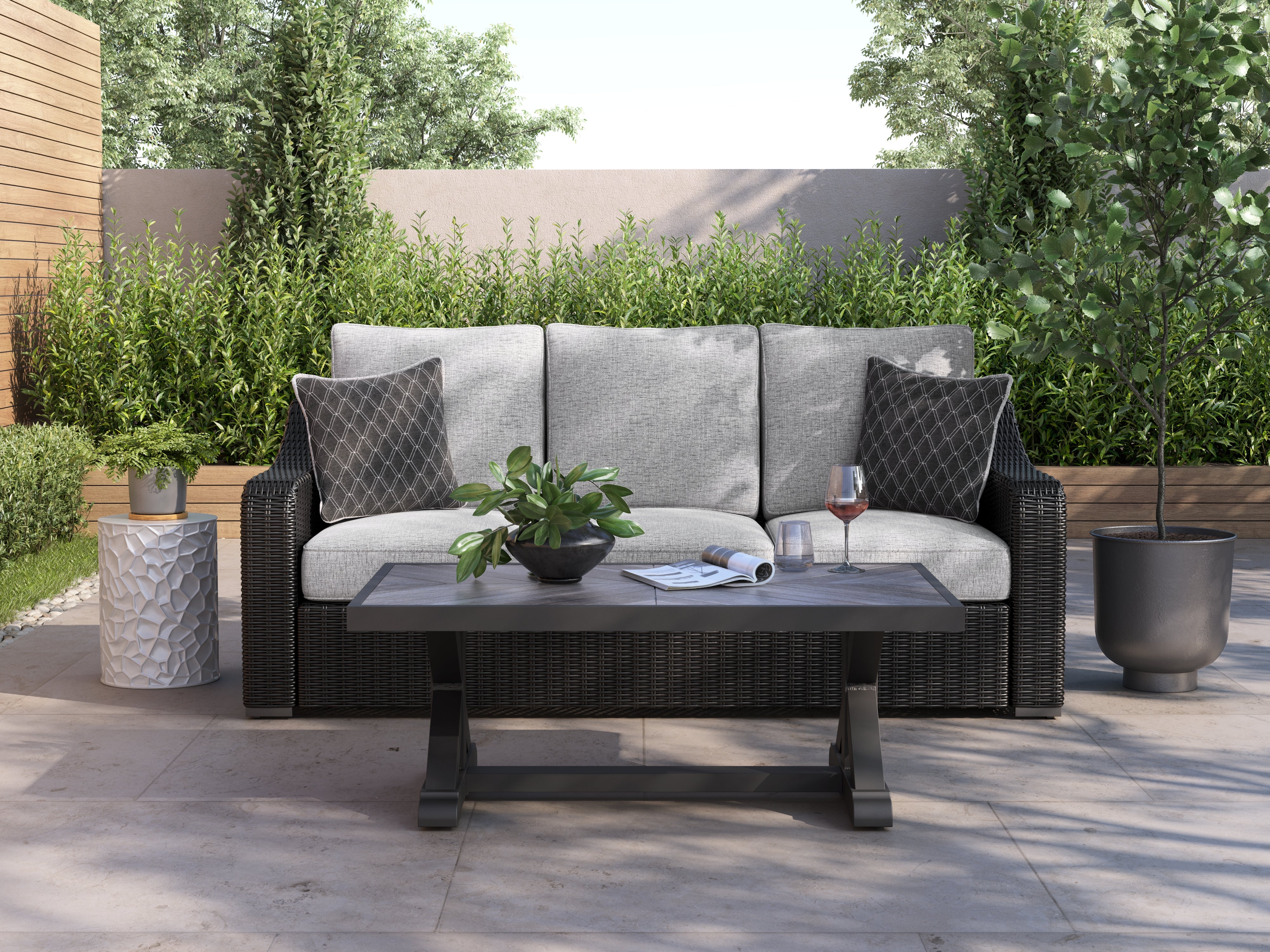 Bay Furniture Gallery - Ashley Furniture - Beachcroft Outdoor - Sofa with Cushion / Black/Light Gray - P792-838
