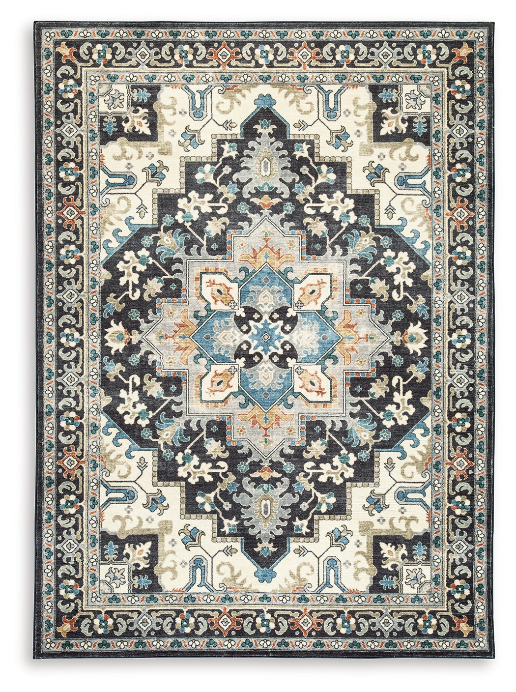 Bay Furniture Gallery - Ashley Furniture - Leningston Rug - 5' x 7' Washable Rug / Black/Cream/Blue - R407062