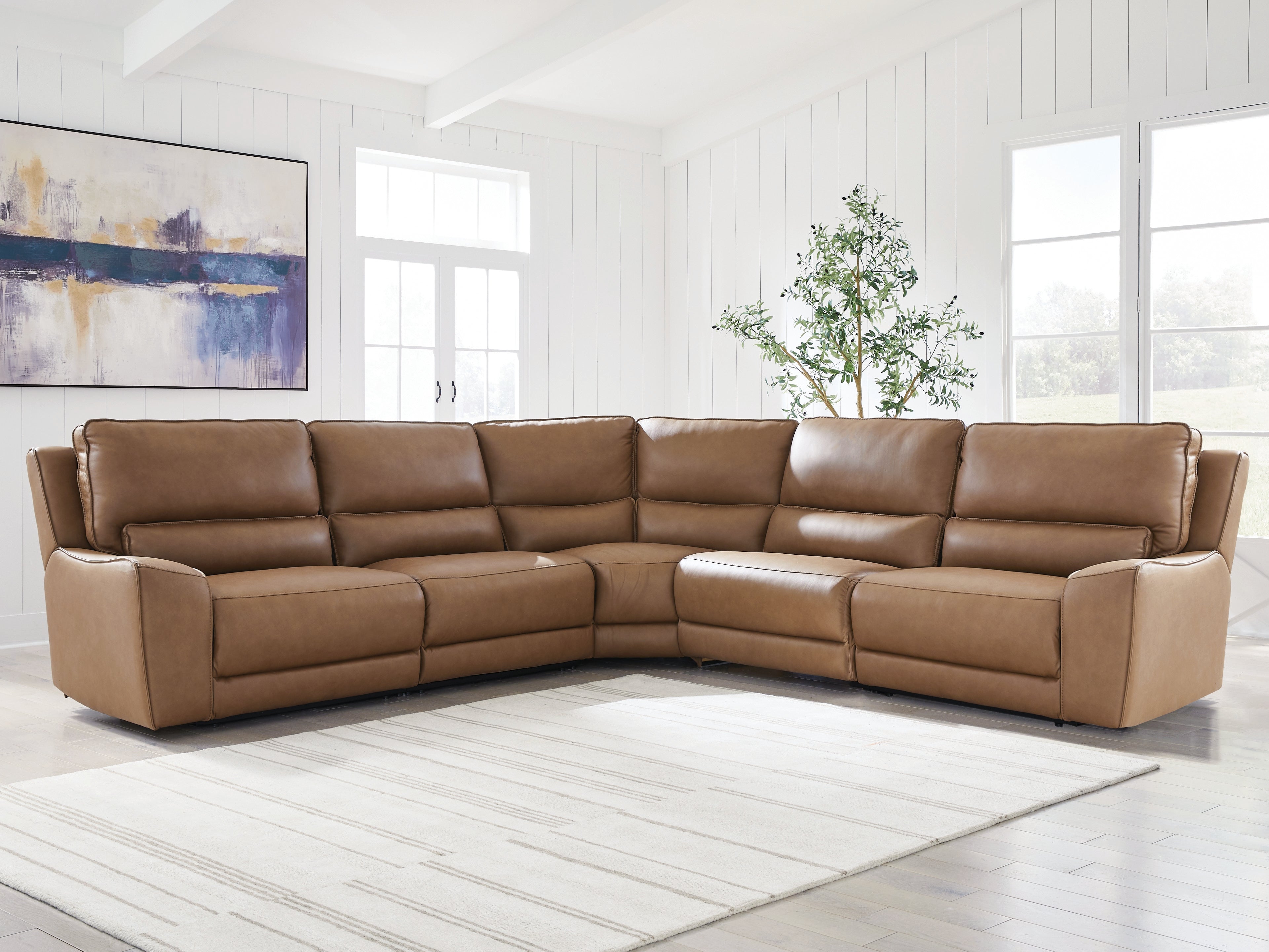 Bay Furniture Gallery - Ashley Furniture - DeepWakes Sectional - 5-Piece Power Reclining Sectional / Caramel - PCU62606S8